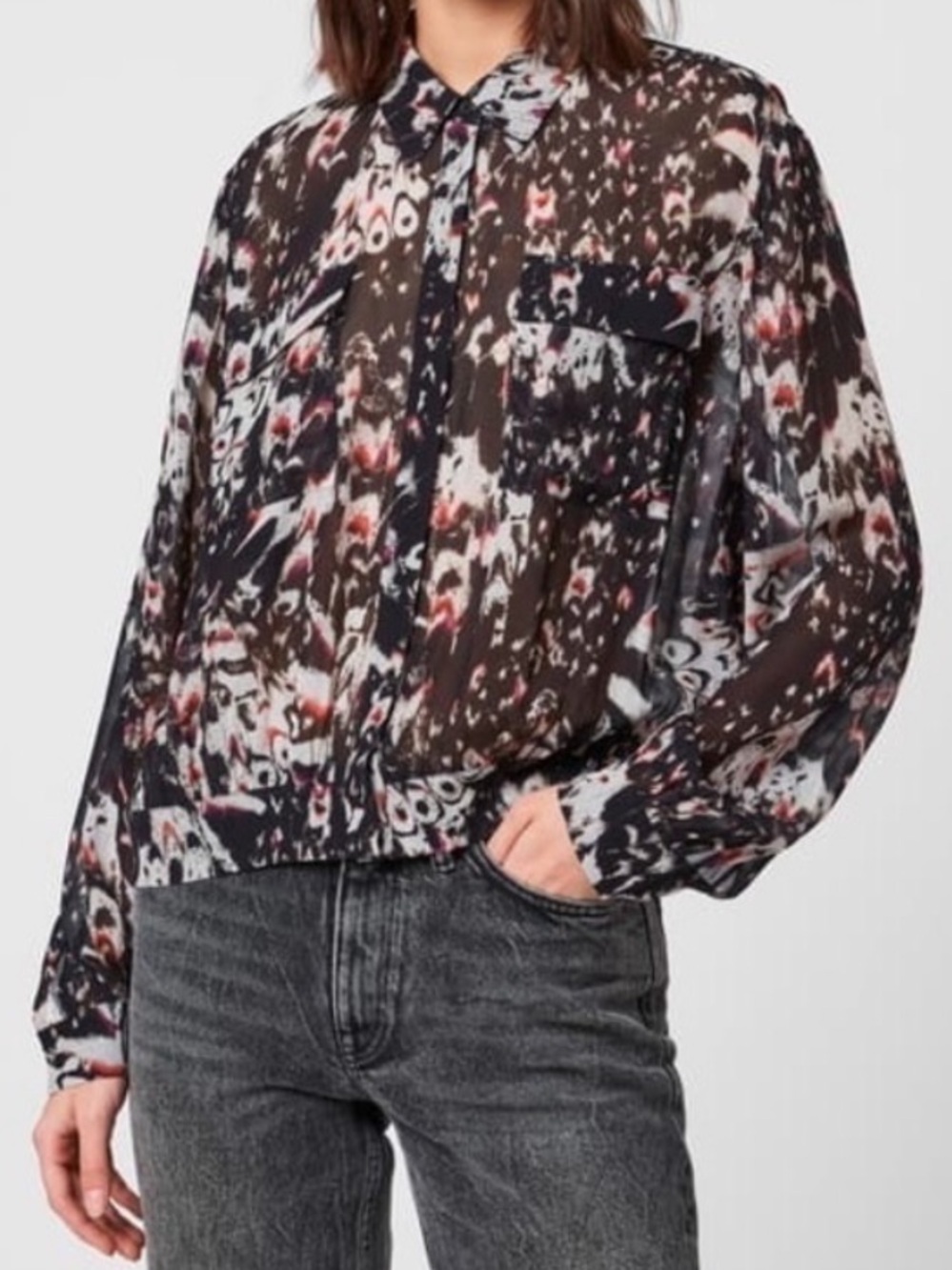 All Saints Adeliza Wing Abstract Hidden Button Down Viscose Blouse Size Medium